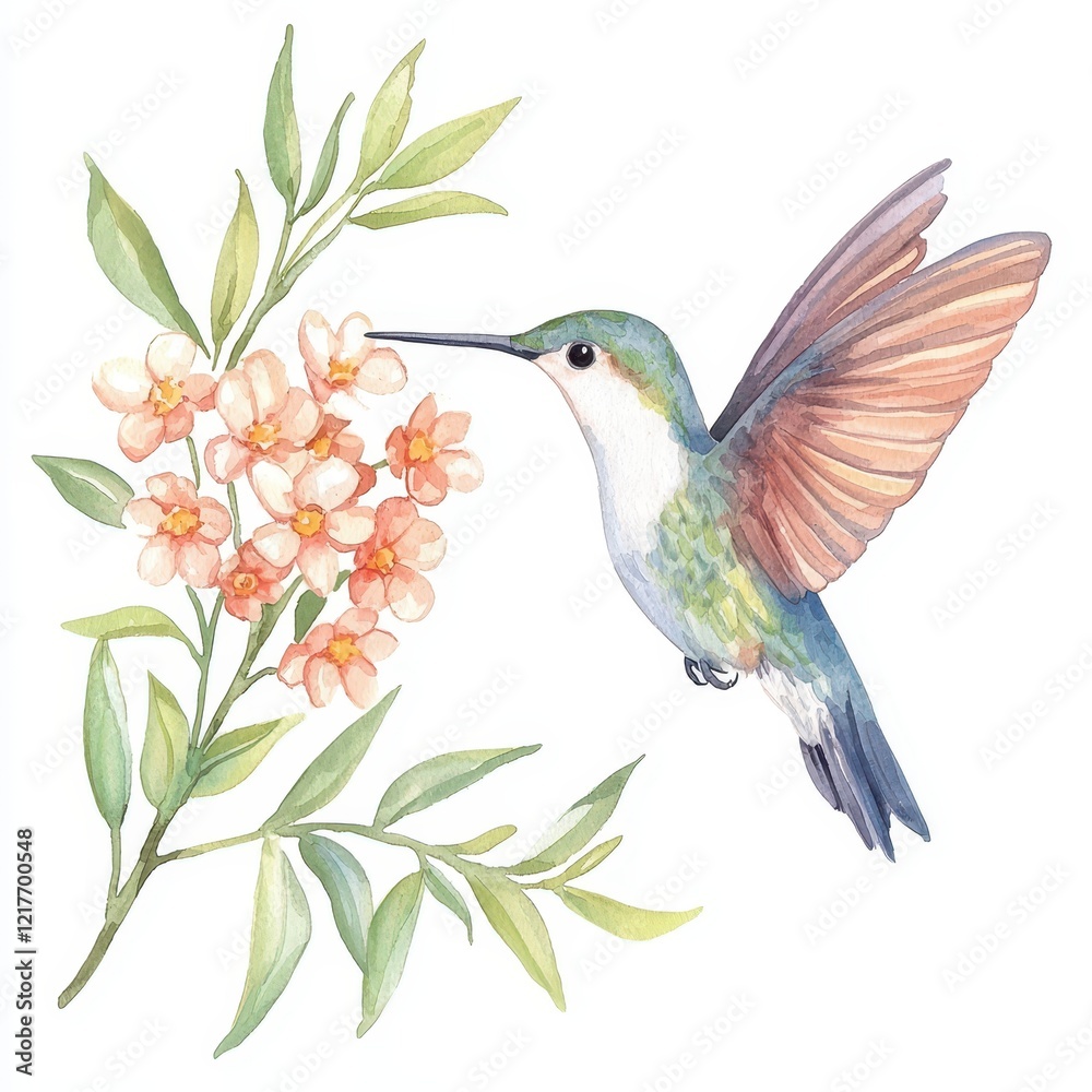 Obraz premium Hummingbird feeding on blossoms nature scene watercolor art botanical illustration close-up view artistic concept