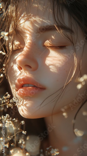 Young woman with freckles enjoying a moment of tranquility surrounded by red ...