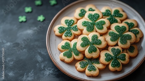 Festive green shamrock cookies on a decorated plate for spring celebrations