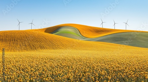 Golden rolling hills with wind turbines against a clear blue sky create a peaceful and scenic landscape