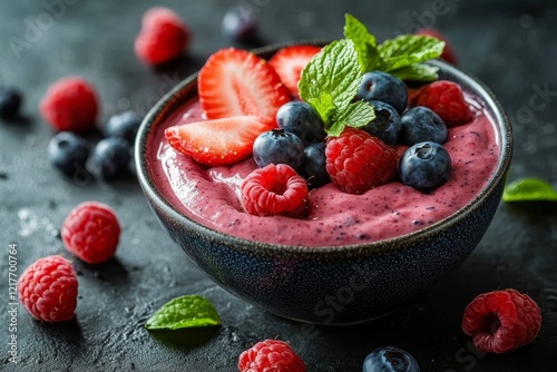 Fresh fruit smoothie bowl with strawberries, blueberries, and raspberries gar...