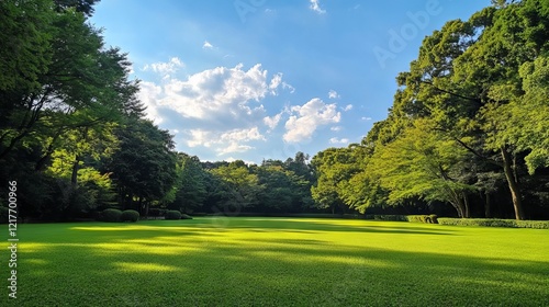 Misato Park landscape with grassland and forest in midsummer photo