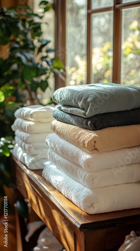 Soft towels stacked neatly on a wooden table near a sunlit window in a cozy room
