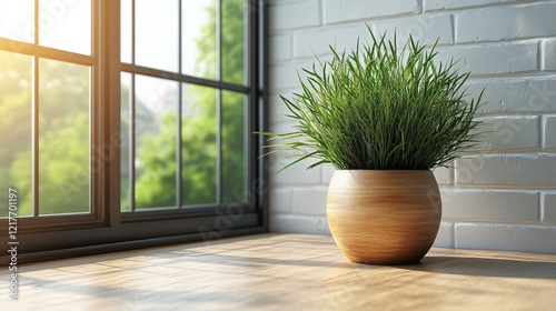 Green potted plant positioned on a marble kitchen counter bathed in natural l...
