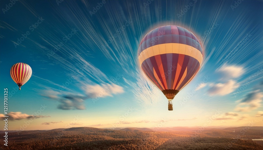 Naklejka premium 뜨거운 공기 풍선이 떠오르는 모습, 고도가 높아질수록 풍선의 색이 점점 밝아지는 표현