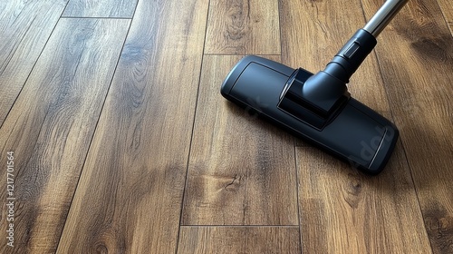 Vacuum cleaner on wooden floor near gray rug in bright indoor setting
