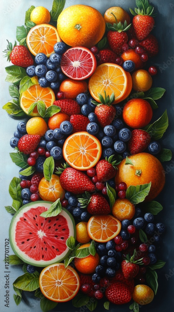 Fresh fruit platter featuring oranges, strawberries, grapes, blueberries, and watermelon arranged beautifully Fresh fruit platter featuring oranges, strawberries, grapes, blueberries, and watermelon arranged beautifully