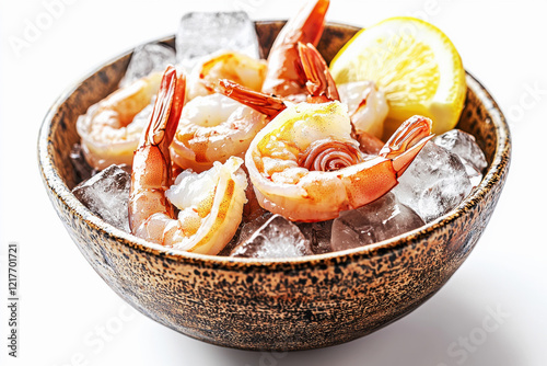 Rustic bowl filled with fresh raw shrimp and ice cubes garnished with lemon on a white background photo