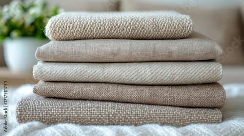 Neutral toned folded blankets stacked neatly on a table in a cozy living room...