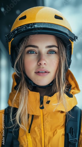 Young woman wearing a yellow rain jacket and helmet in a forest during a rain...