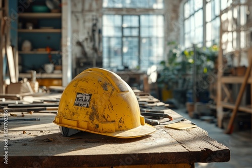 Yellow hard hat rests on a wooden table in a sunlit workshop filled with tool...