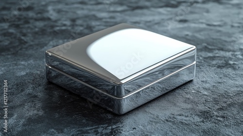Silver metallic box on textured black surface with reflective finish and smoo...