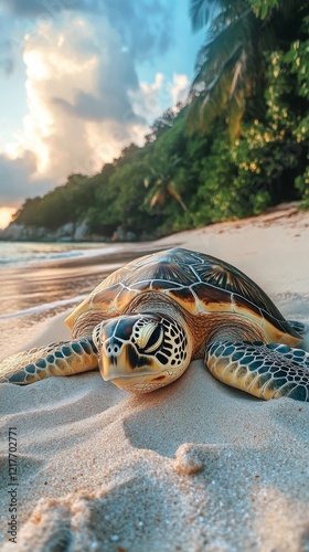 Sea turtle resting on sandy beach near lush green hills at sunset