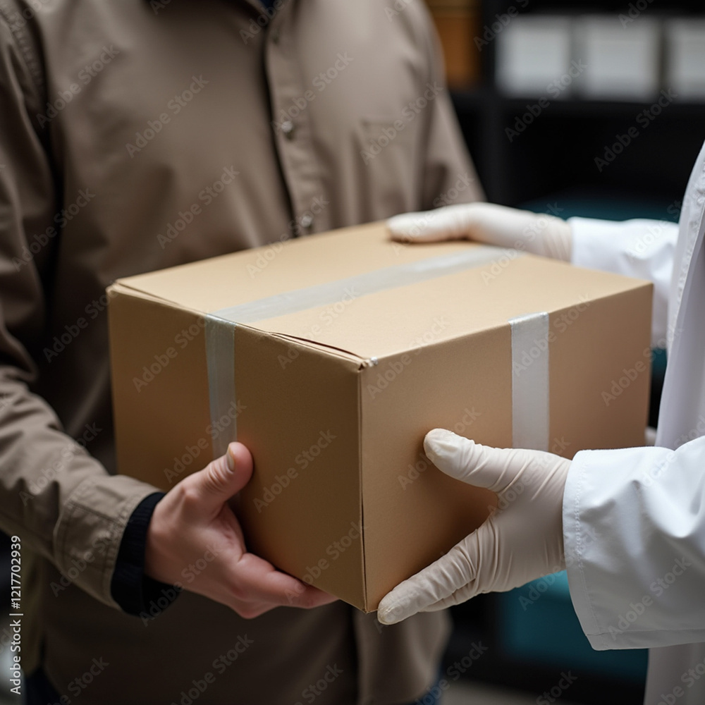 Delivery exchange: caucasian male receiving package from gloved hands in warehouse