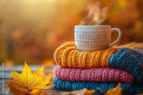 Cozy autumn setting with a steaming cup of coffee on warm knitted blankets