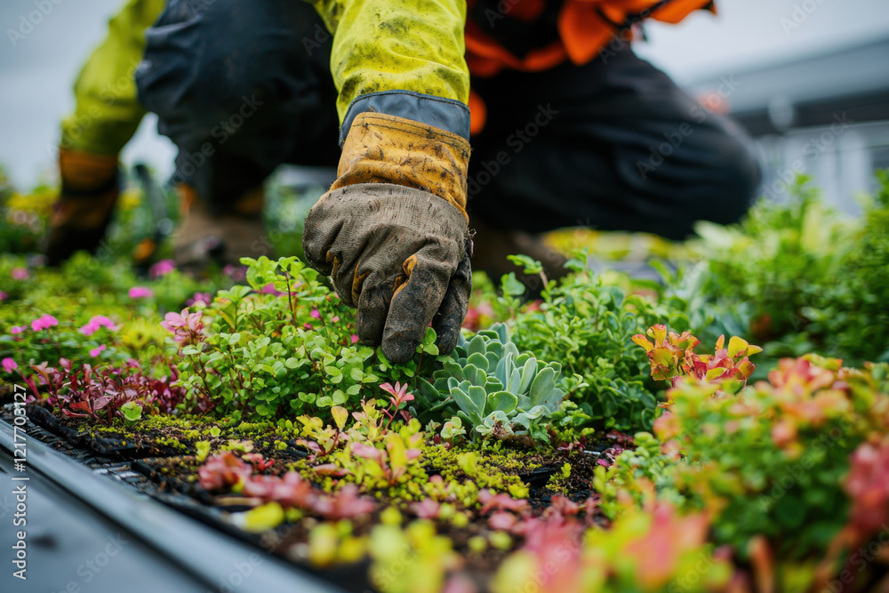 Naklejka premium Gardening enthusiasts cultivate vibrant plants in a community project at dawn, transforming the landscape with lush greenery and colorful flowers