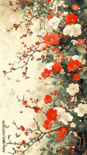 Red roses and white blossoms elegantly arranged on a wallpaper background