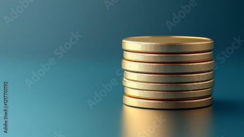 Stacked golden coins reflecting light on a smooth blue surface in a minimalis...