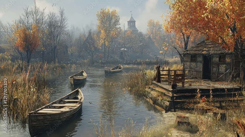 Autumn village canal boats misty background game Autumn village canal boats misty background game