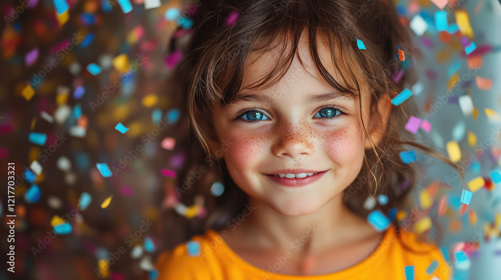 happy child surrounded by flying confetti from party poppers, paper garlands, kids party, celebration, birthday happy child surrounded by flying confetti from party poppers, paper garlands, kids party, celebration, birthday