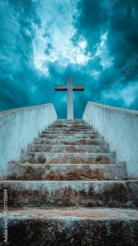 Stairway leading to a cross against a dramatic sky at a serene location