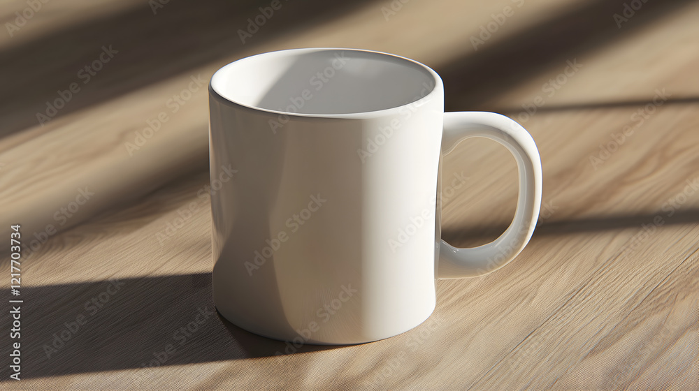 A close-up view of a blank white ceramic mug with subtle lighting effects