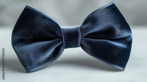 Elegant navy blue ribbon bow displayed on a neutral background for decoration...