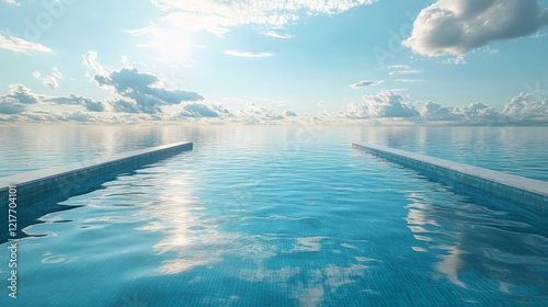 Sunset over tranquil infinity pool overlooking calm ocean waters at dusk
