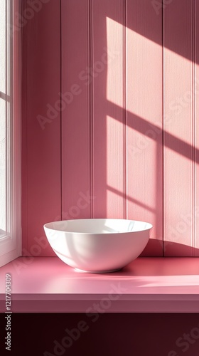 Elegant white bowl with decorative branches on a pastel pink kitchen countertop