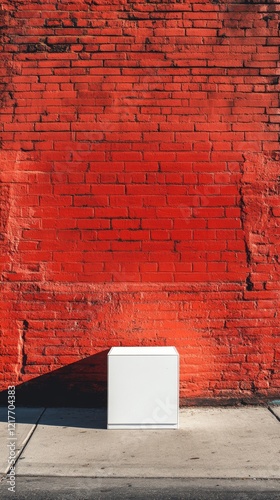 White box against a vibrant red brick wall in a city setting during daylight ...
