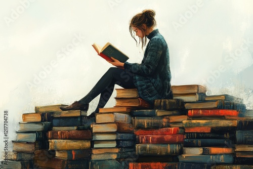 Young woman reading a book surrounded by stacks of vintage novels in a cozy l...
