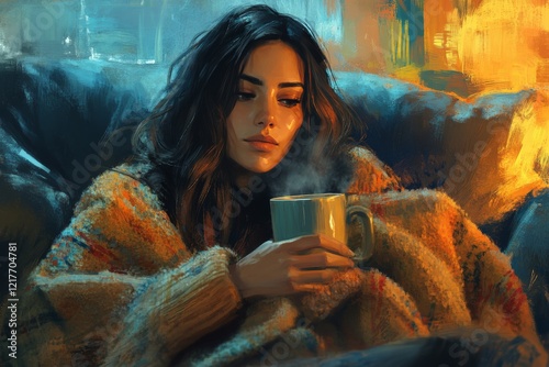 Relaxing morning with a warm drink on a cozy couch in a softly lit room