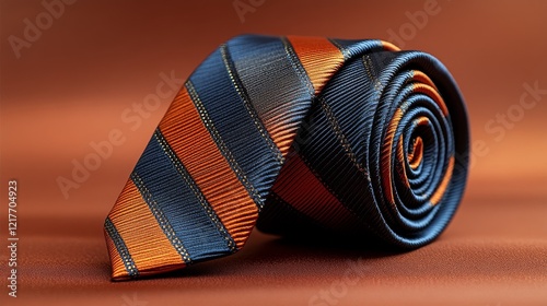 Stylish striped tie rolled up on a light background for elegant occasions and...