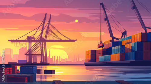 Cargo management and shipment concept. modern cargo crane at a serene harbor with colorful containers and a gentle sunset backdrop. Serene Harbor. Illustration