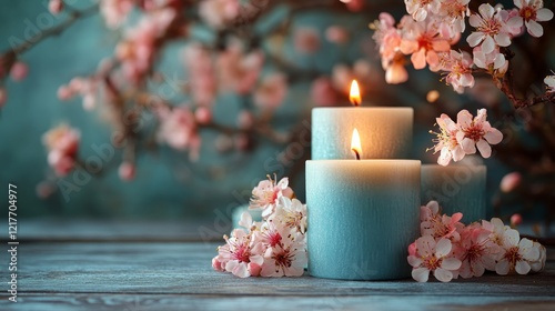 Tranquil setting with blooming cherry blossoms and lit candles on a rustic wo...