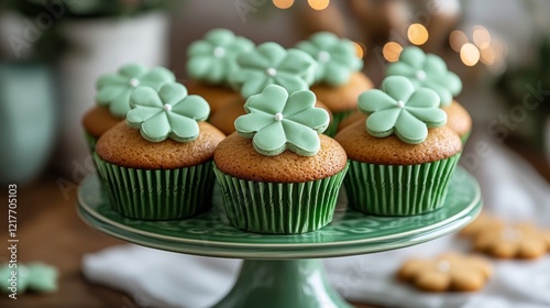 Green topped cupcakes arranged on a plate in a cozy kitchen setting during da...