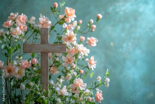 Wooden cross surrounded by delicate pink flowers on a soft blue background du...