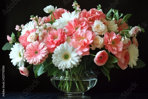Colorful floral arrangement in a decorative vase with pink and white flowers ...