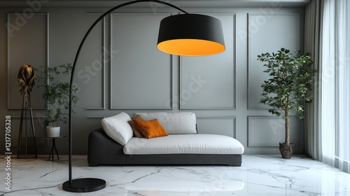 Modern living room with stylish floor lamp and green plant in bright interior...