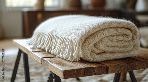 Soft beige towel neatly folded on decorative tiled floor with vibrant flowers...