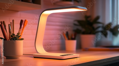 Bright workspace lamp illuminating a creative atmosphere in a cluttered workshop