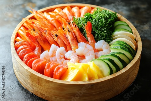 Colorful seafood bowl featuring shrimp, fish, and vegetables prepared for a f...