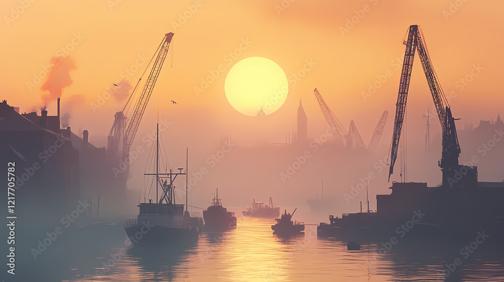 Misty dawn at a harbor with a crane, boats, and buildings. Serene Harbor. Illustration Misty dawn at a harbor with a crane, boats, and buildings. Serene Harbor. Illustration