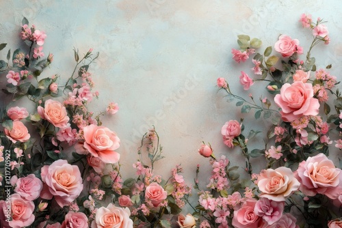 Beautiful arrangement of soft pink flowers against a pastel background in a f...