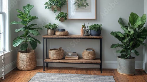 Elegant entryway with natural decor and minimalist furniture in cozy interior...