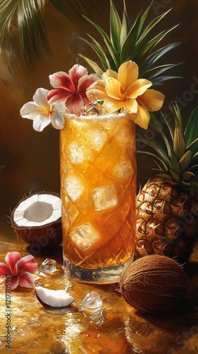 Refreshing tropical cocktail garnished with flowers and fruits in a warm setting