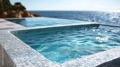 Luxurious vacation home with serene pool and ocean view under bright sky