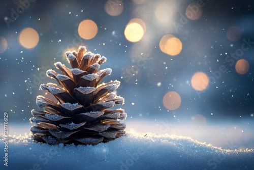 Beautiful pine cone on snow with soft light in winter forest setting at dawn
