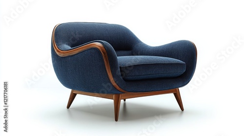 Modern blue upholstered chair with wooden accents in minimalist design
