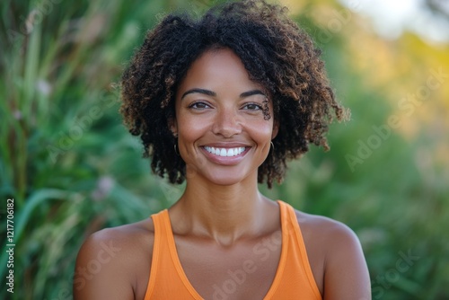 Smiling woman with curly hair poses outdoors in a natural setting during dayl...